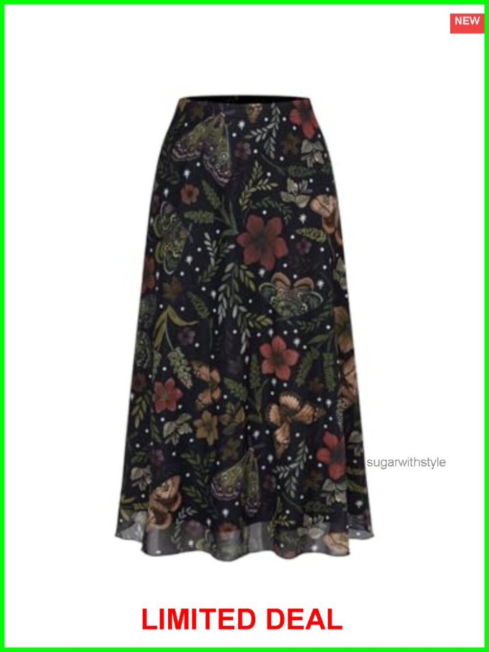 Floral Mesh Midi Skirt Elastic High Rise A Line Swing